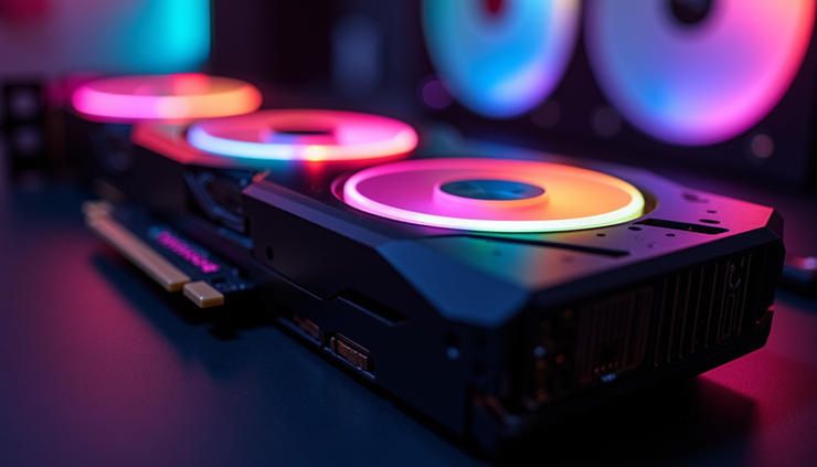 Vista frontal de uma GPU moderna com iluminação RGB em close-up