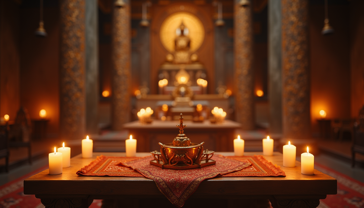 Eye-level view of a serene temple altar with candles and sacred symbols