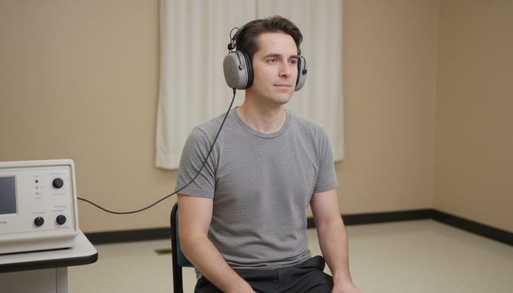 Side view of a person wearing test headphones during a hearing screening.