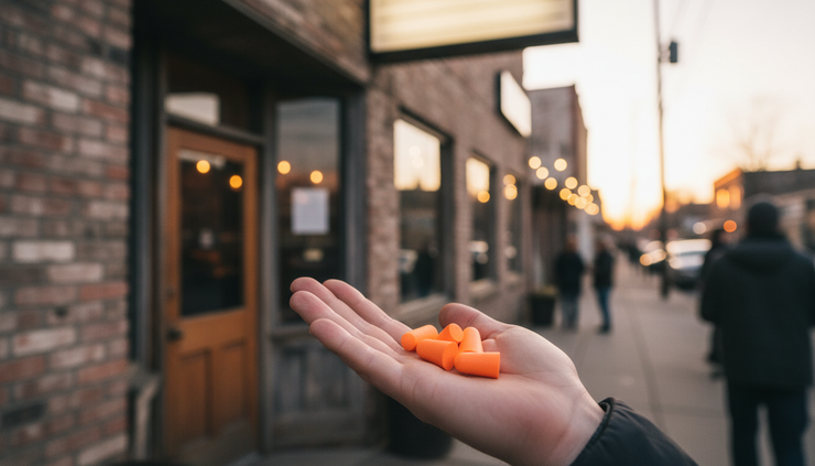 Close-up of a person holding soft foam earplugs before entering a music event.