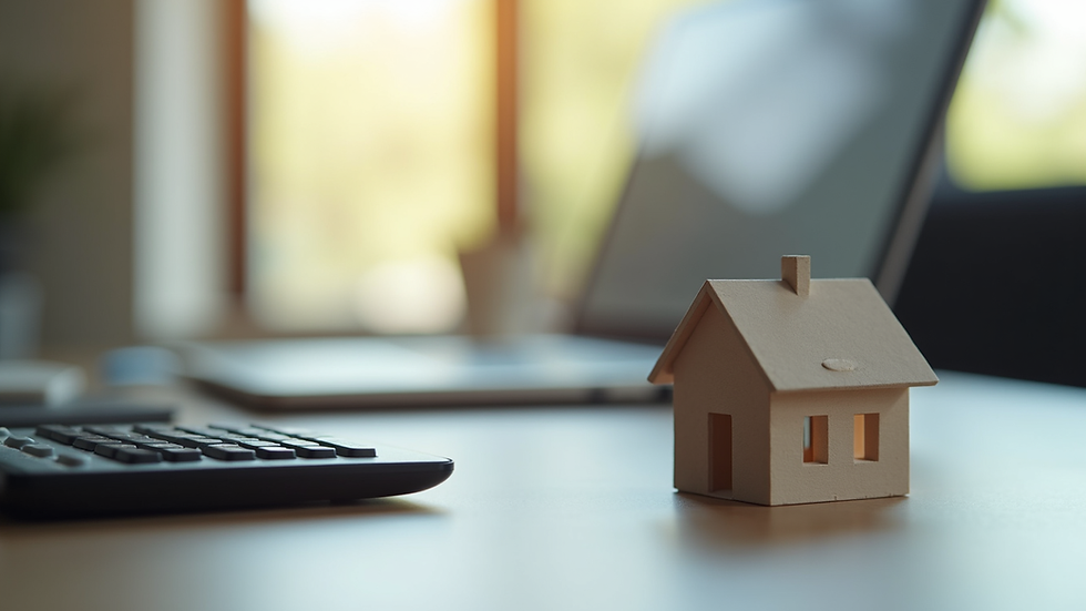 Close-up view of a calculator and house model on a desk