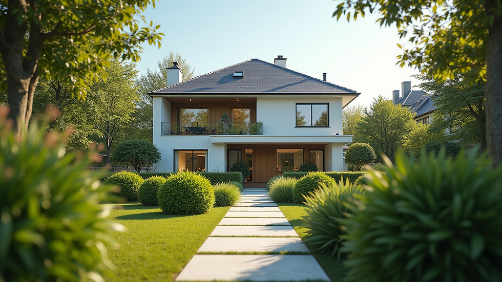 Eye-level view of a modern suburban house with a well-maintained garden