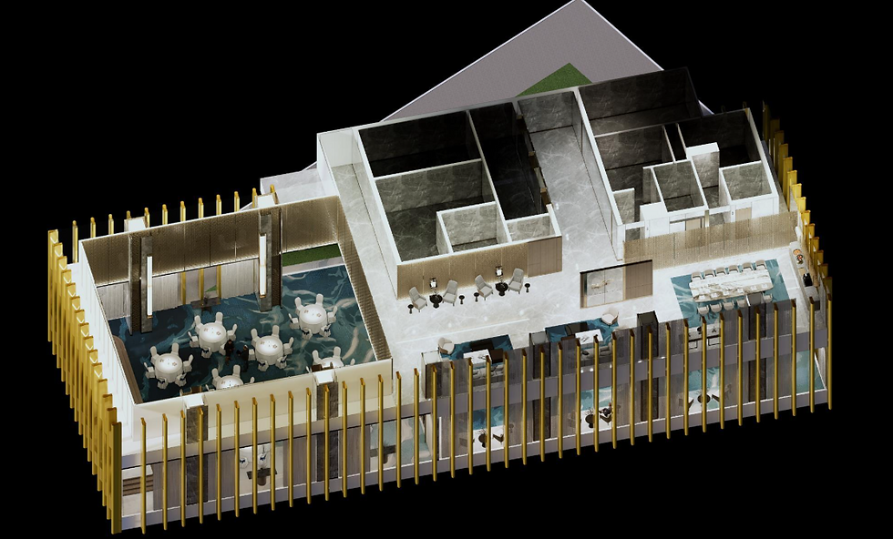 Tampak Axonometric Lantai 10 — memperlihatkan keseluruhan layout VIP Lounge dan Dining Lounge