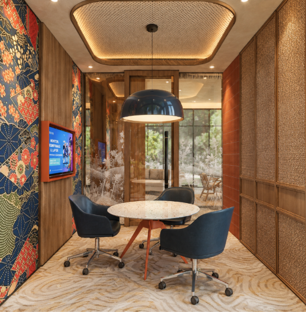 Gambar 6. Detail area customer care yang memperlihatkan penerapan pola tekstil, material bertekstur, dan detail interior dalam skala yang