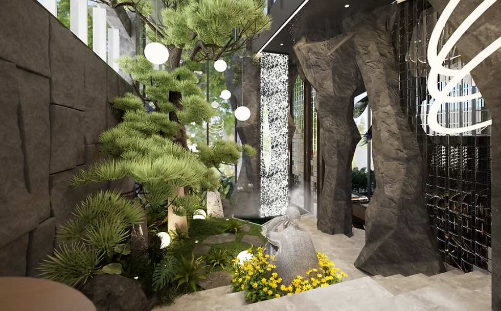 Taman interior dan elemen batuan yang menghadirkan suasana lanskap alami ke dalam showroom.