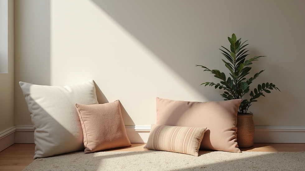 Eye-level view of a cosy corner with cushions and a small plant