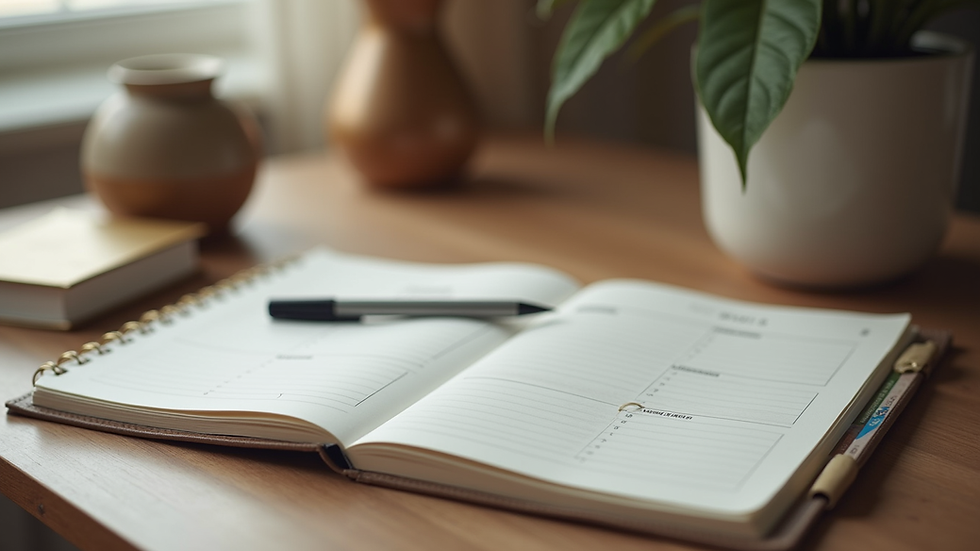 Eye-level view of a cozy study space with a planner and stationery