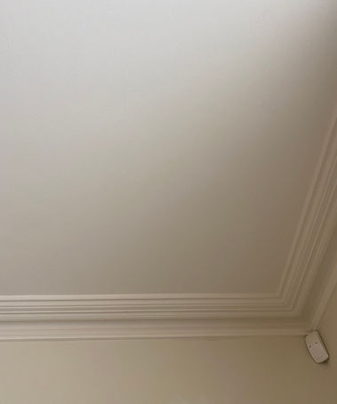Freshly painted white ceiling and crown molding by Adam's Painting.