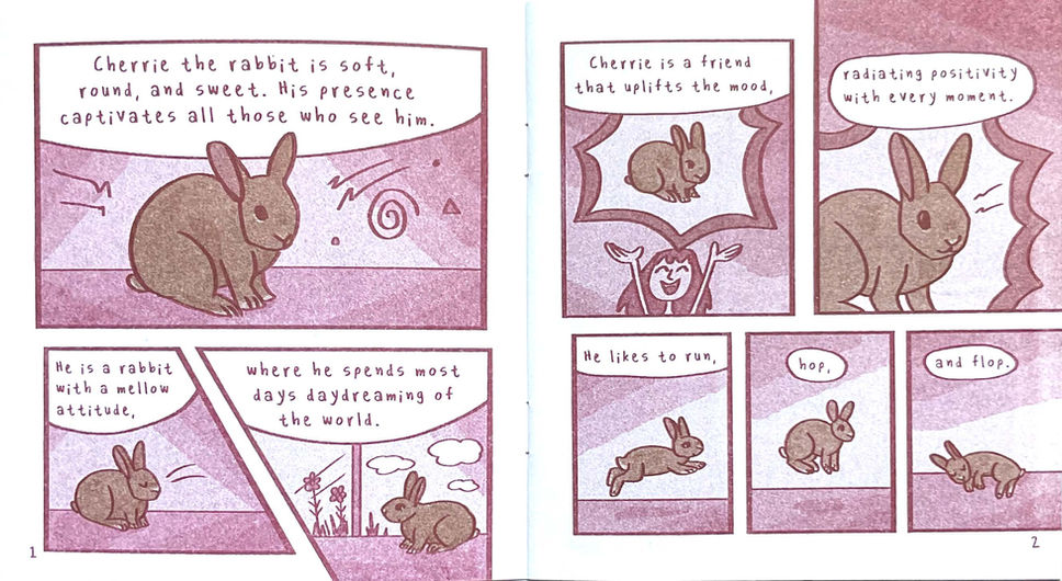 Cherrie/Cherry, three color, risograph zine, riso, zine, 16pg zine, Risolve Studios, Brown, Burgundy, pg 1, pg 2