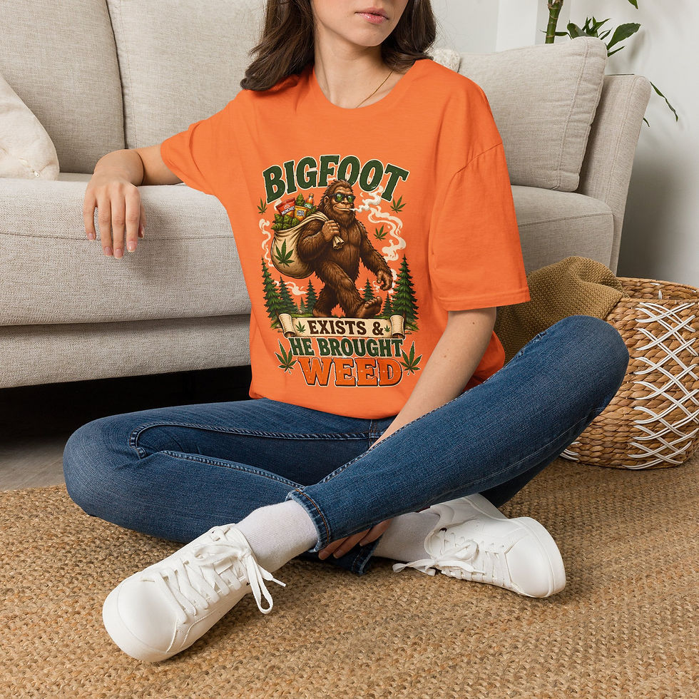 Thumbnail: Bigfoot Exists, Funny Cryptid & Cannabis Graphic Tee, retro outdoor humor
