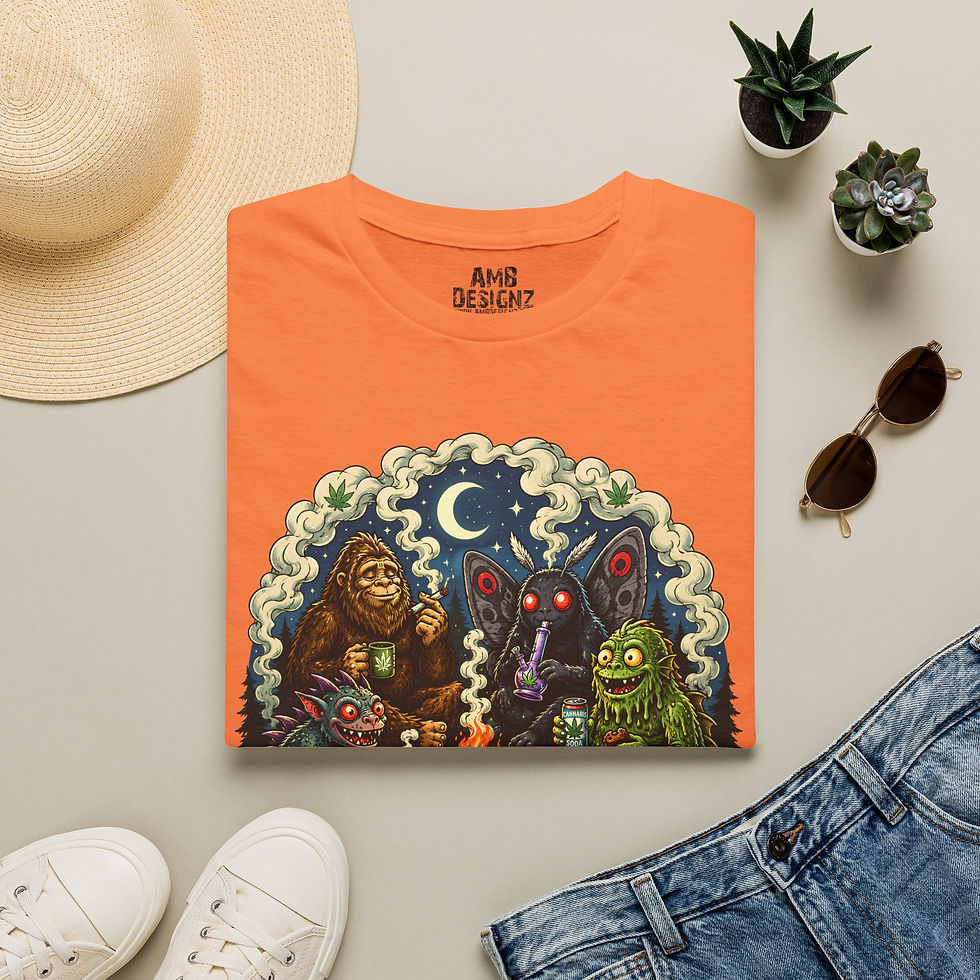 Thumbnail: Cryptid Smoke Circle, Funny Cryptid & Cannabis Graphic Tee, retro outdoor humor