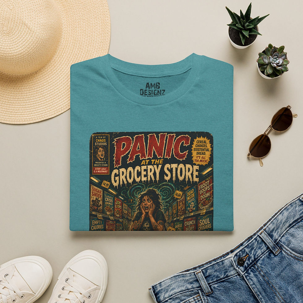 Thumbnail: Panic at Grocery Store, Funny Anxiety, Dark Humor, Introvert Overthinking Tee