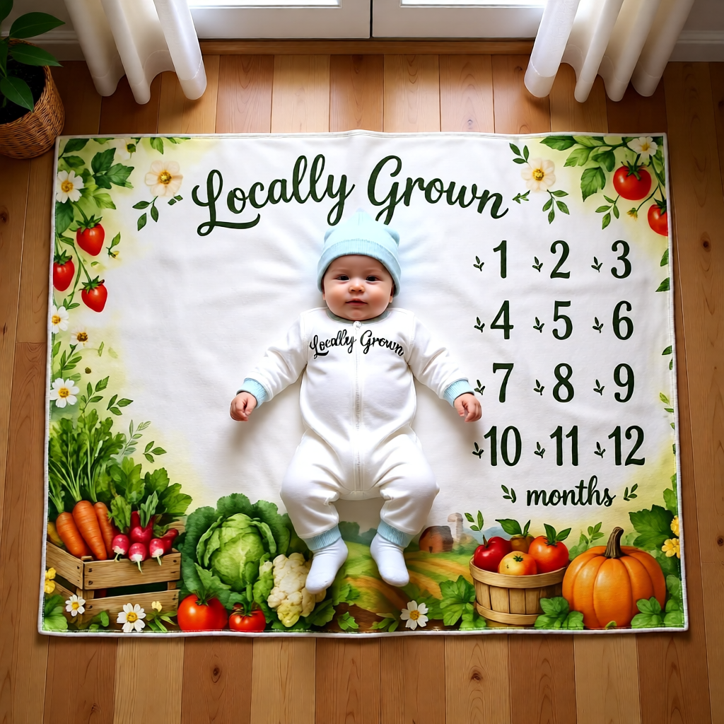 Locally Grown Baby Milestone Fleece Blanket - Harvest Veggie Garden Baby Blanket