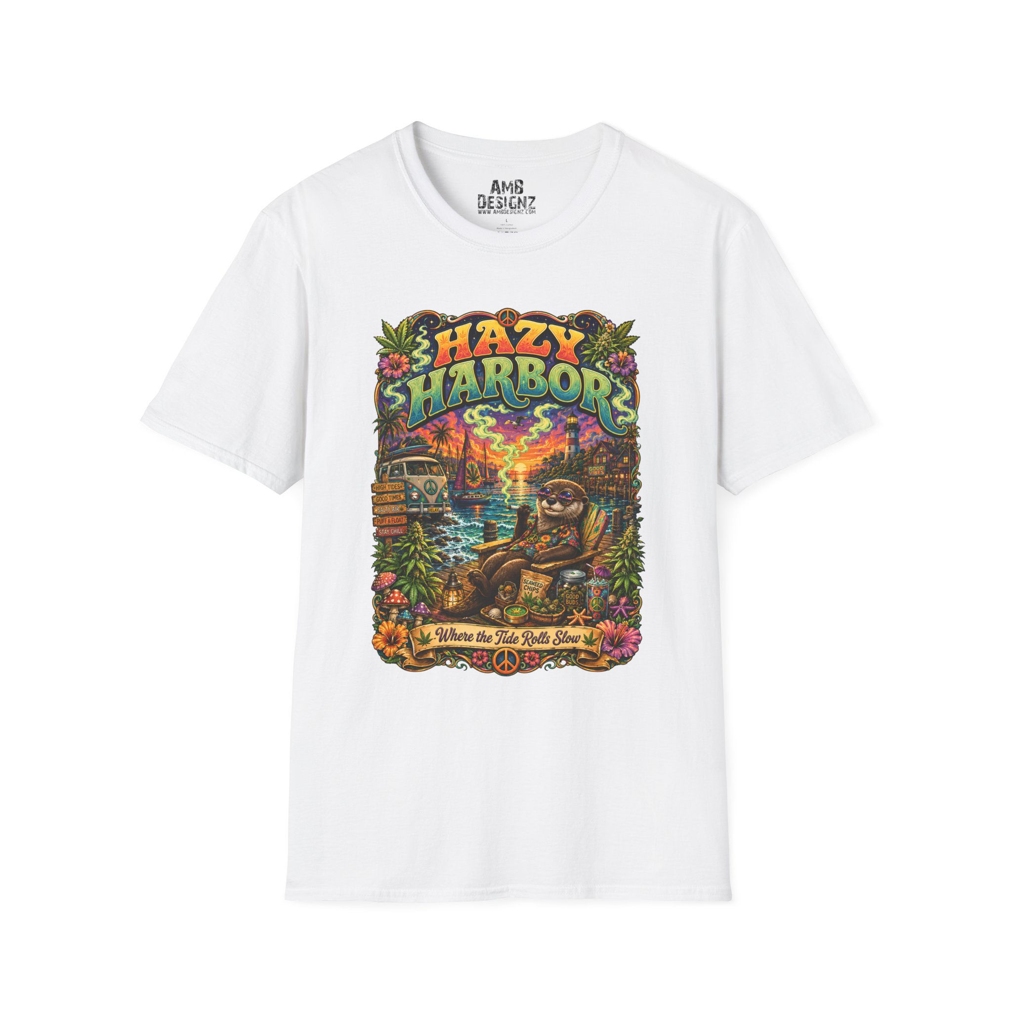 Hazy Harbor Shirt, Funny Cannabis Stoner Ocean Sunset Beach Travel Poster Tee