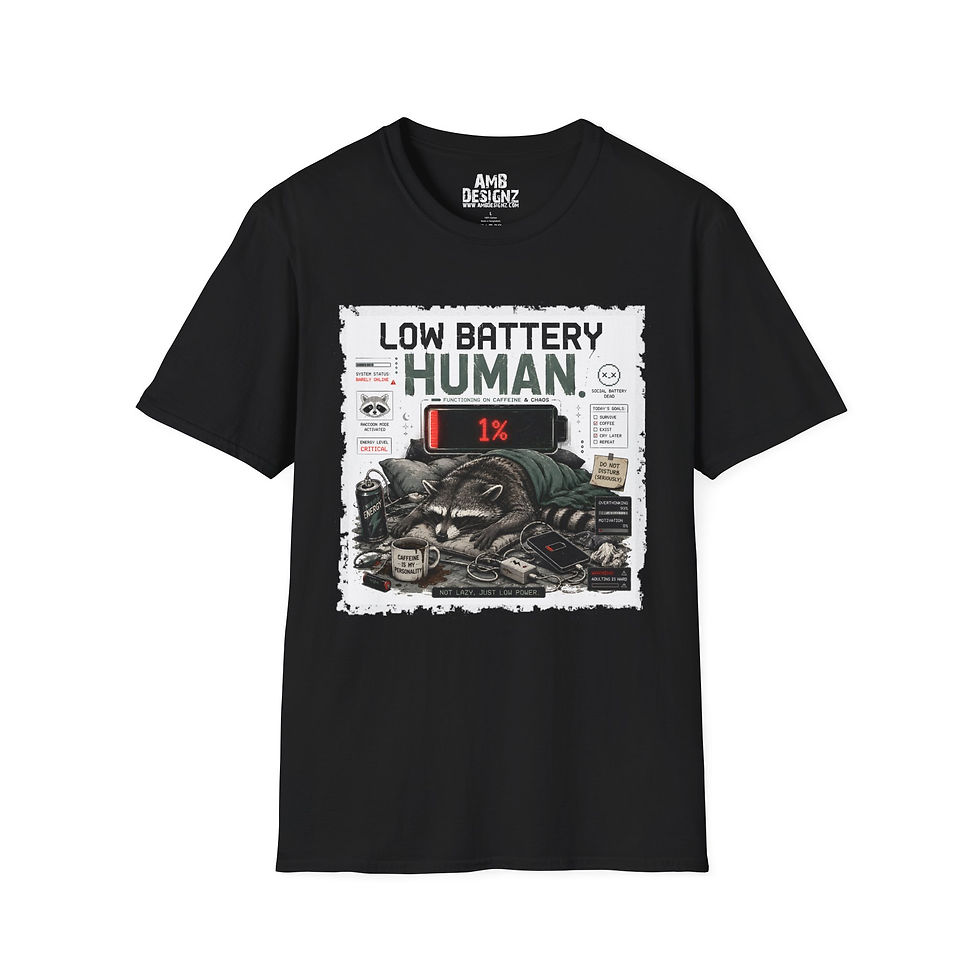 Thumbnail: Low Battery Human Funny Tired Raccoon, Exhausted Humor, Introvert Caffeine Tee