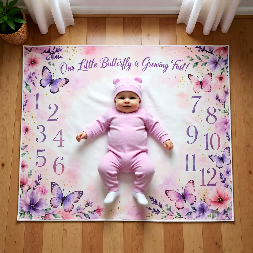 Baby Milestone Blanket - Our Little Butterfly is Growing Fast Floral Photo Prop