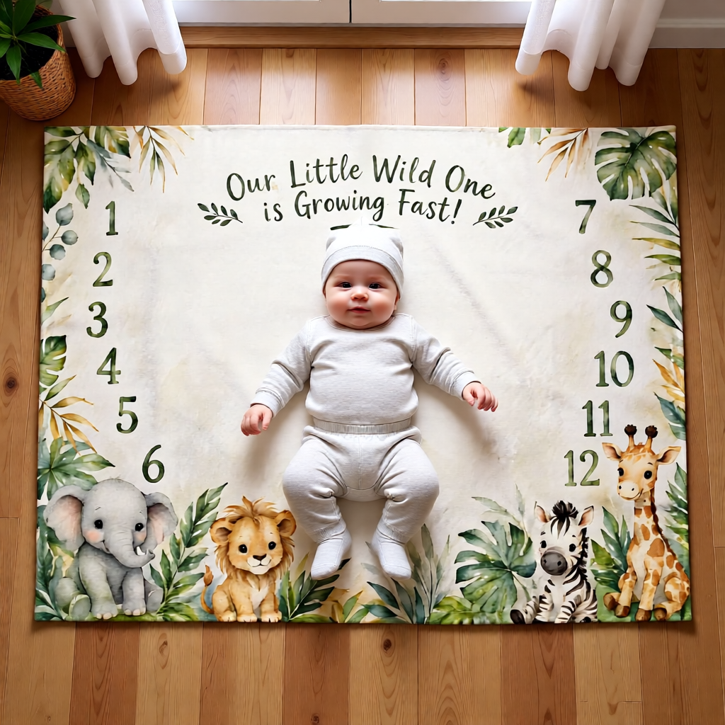 Baby Milestone Fleece Blanket - "Our Little Wild One is Growing Fast" Safari