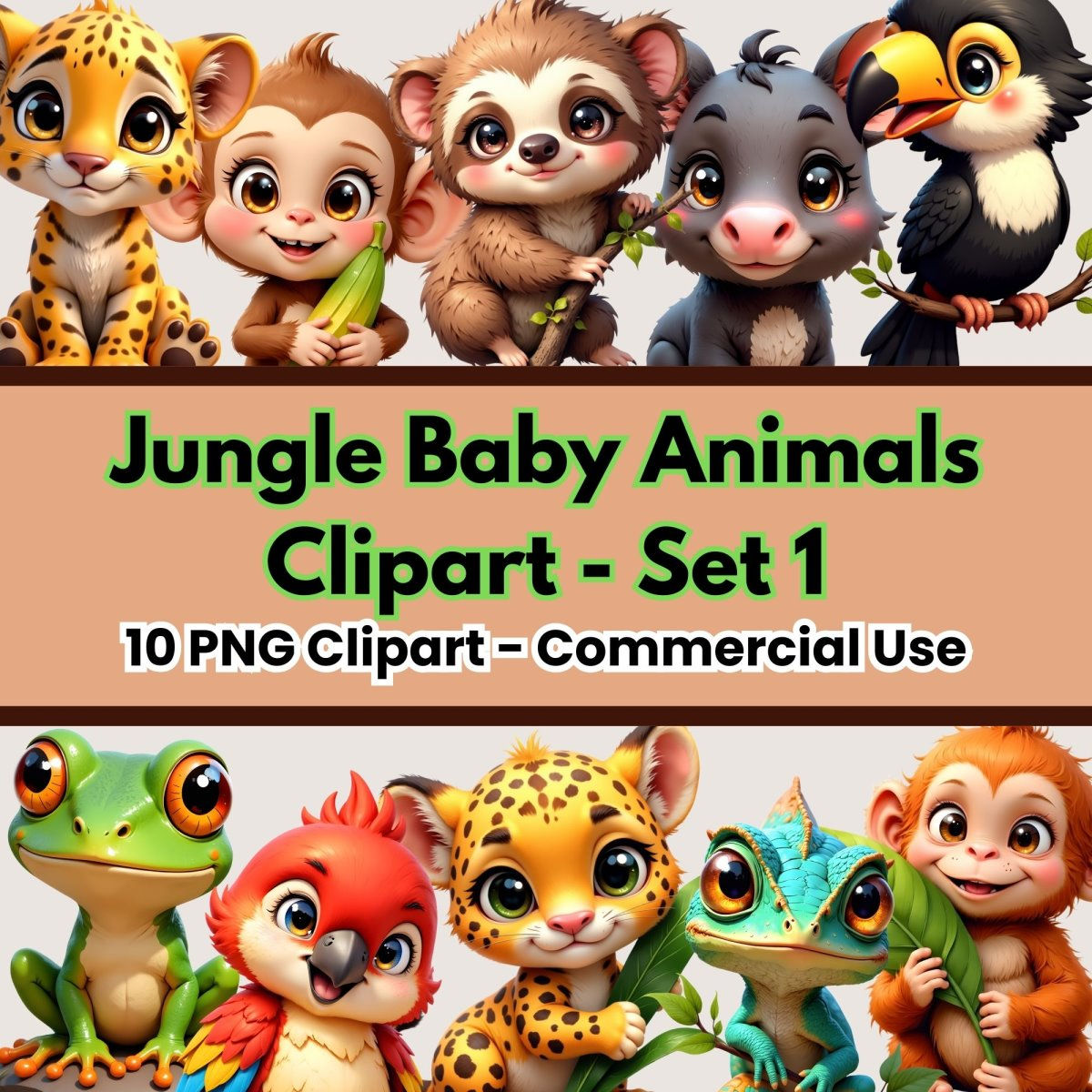 Baby Jungle Animals Clipart | 10 Watercolor PNGs | Cute Nursery Animal Bundle