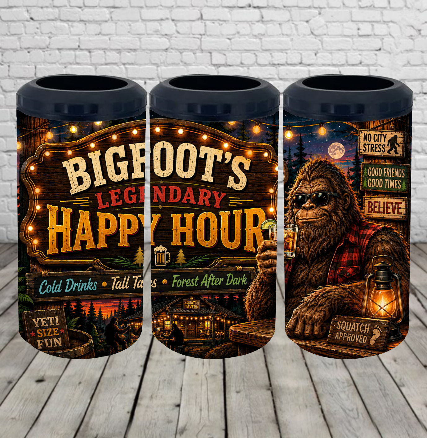 Bigfoot's Happy Hour Sasquatch Funny 4-in-1 Insulated Can Cooler Tumbler