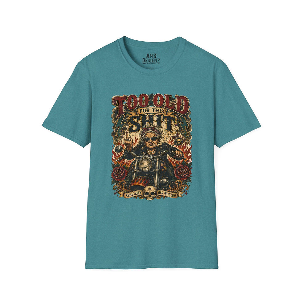 Thumbnail: Too Old For This Shit, Funny Grandma Biker Graphic Tee, Retro Humor T-Shirt