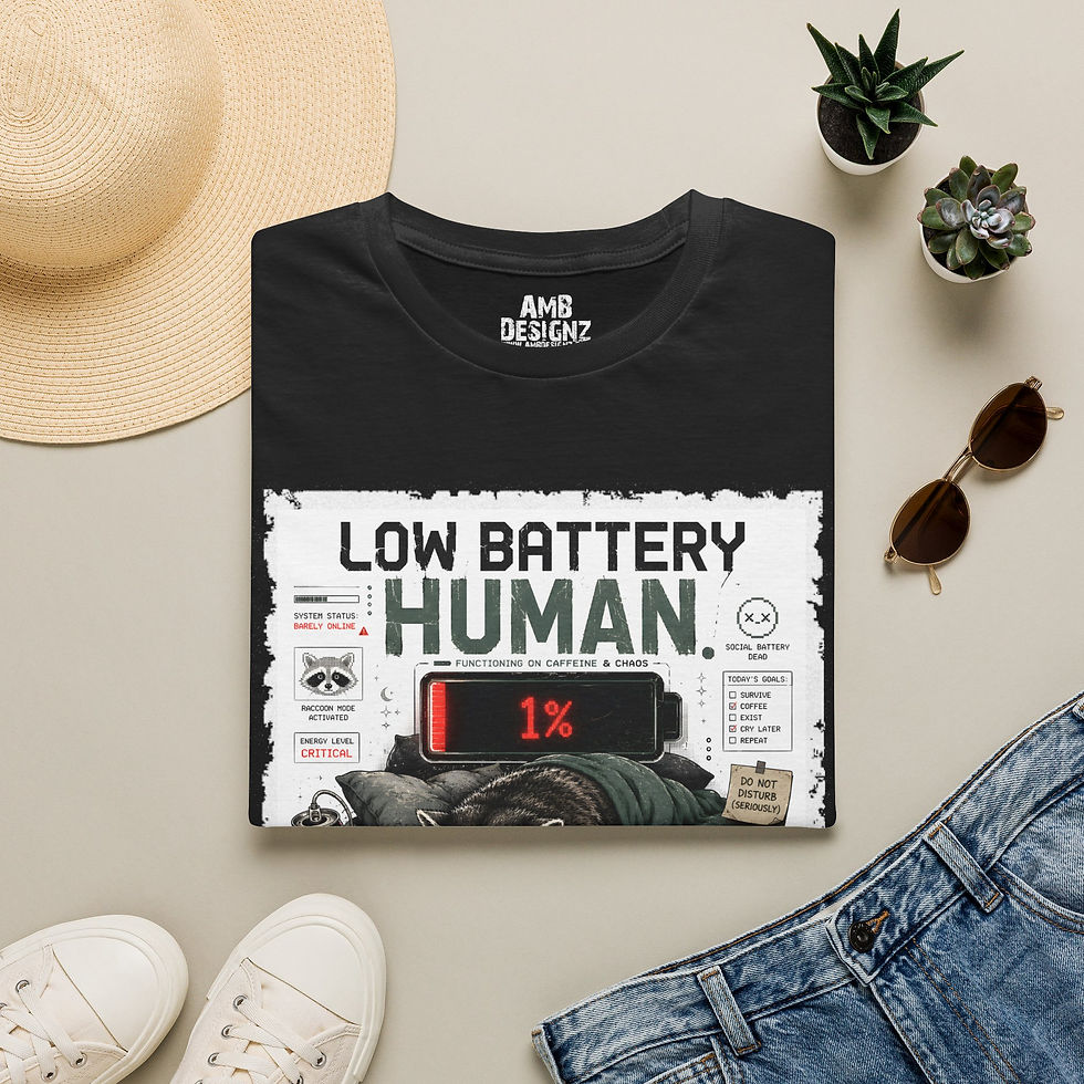 Thumbnail: Low Battery Human Funny Tired Raccoon, Exhausted Humor, Introvert Caffeine Tee