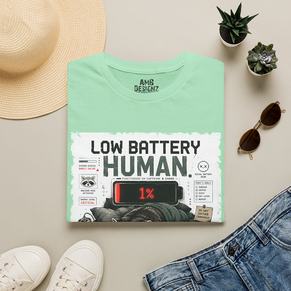 Thumbnail: Low Battery Human Funny Tired Raccoon, Exhausted Humor, Introvert Caffeine Tee