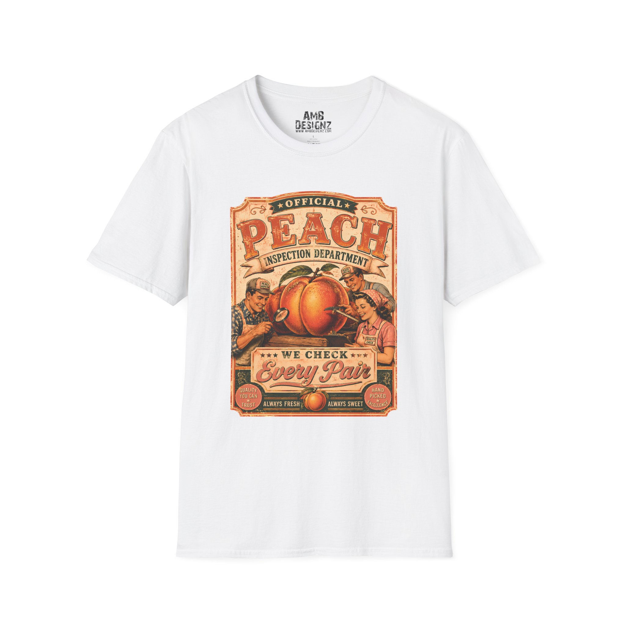 Official Peach Inspection, Vintage Graphic Tee, Cute Adult Humor Food Pun Tee