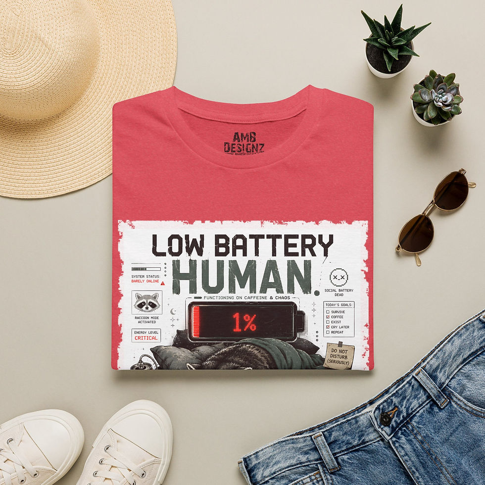 Thumbnail: Low Battery Human Funny Tired Raccoon, Exhausted Humor, Introvert Caffeine Tee