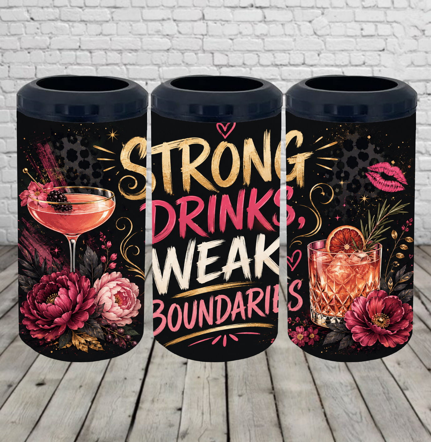 Strong Drinks Weak Boundaries Funny 4-in-1 Insulated Can Cooler Tumbler