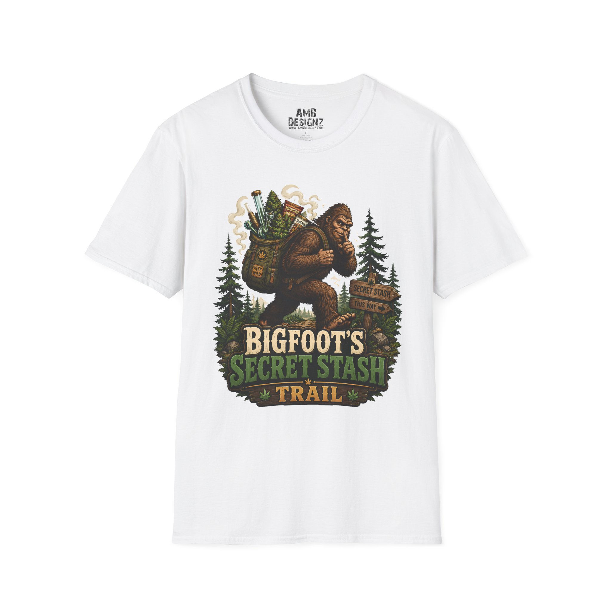 Bigfoot's Secret Stash, Funny Cryptid & Cannabis Graphic Tee, outdoor humor