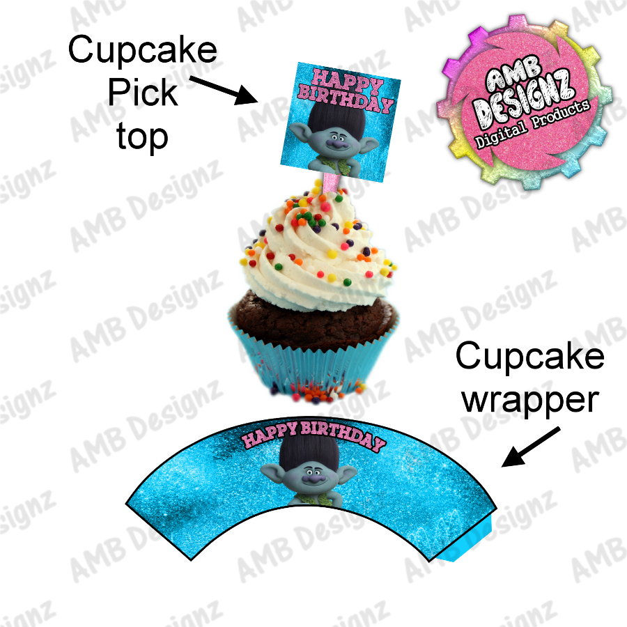 Trolls cupcake Topper and Cupcake wrap
