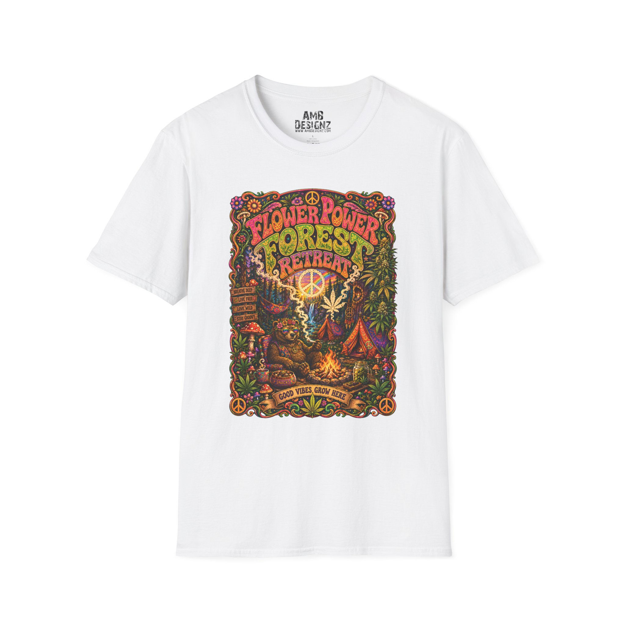 Flower Power Forest Retreat Shirt, Funny Hippie Stoner Cannabis Camping Tee