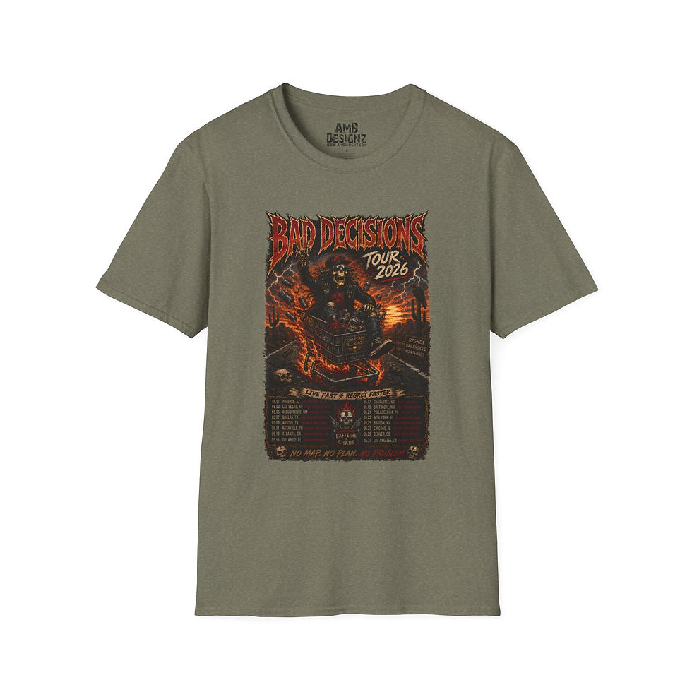Thumbnail: Bad Decisions Tour Funny Rock Band Style Tee, Dark Humor Graphic, Party Gift Tee