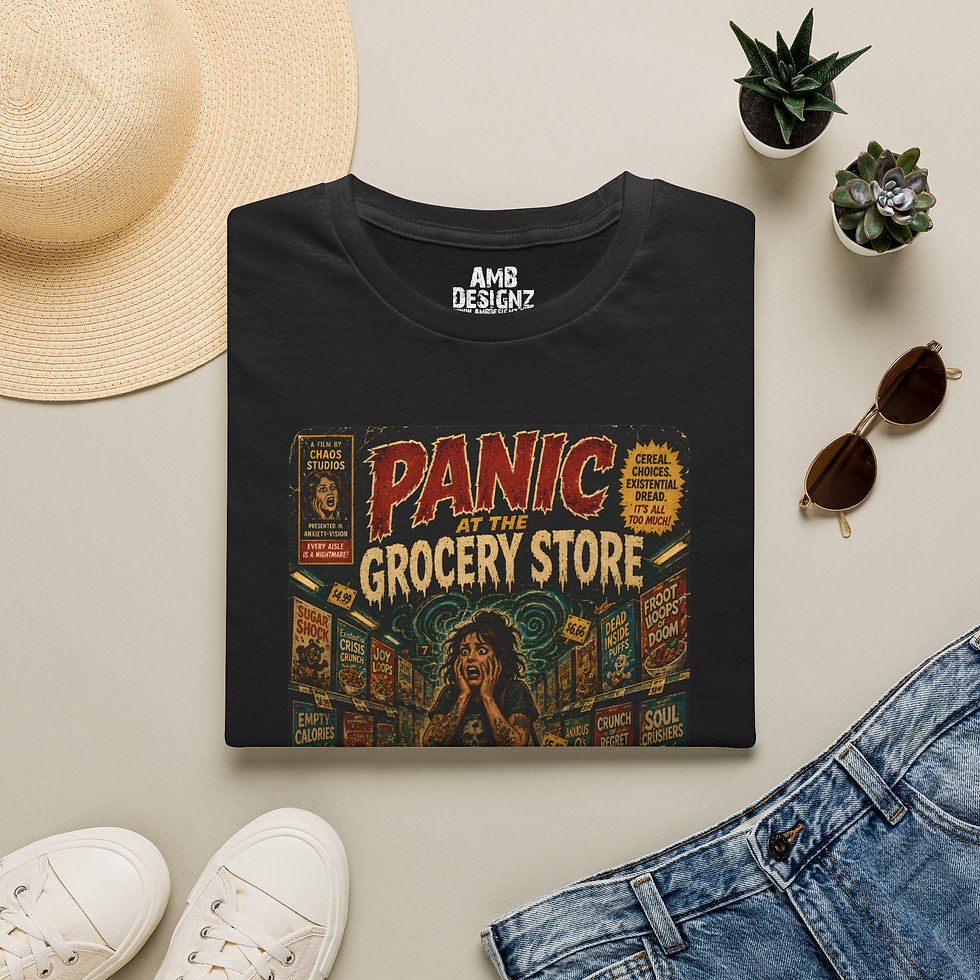 Thumbnail: Panic at Grocery Store, Funny Anxiety, Dark Humor, Introvert Overthinking Tee