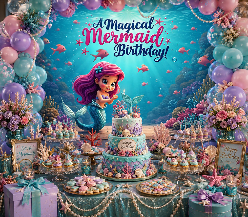Thumbnail: A Magical Mermaid Birthday Party Display Backdrop for Photos, Tables & Decor