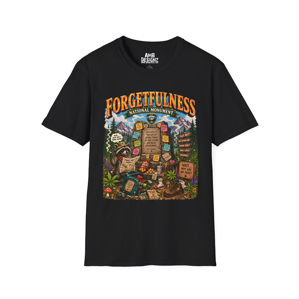 Thumbnail: Forgetfulness National Monument Cannabis Shirt, Weed Camping Raccoon Graphic Tee