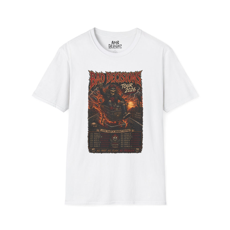 Thumbnail: Bad Decisions Tour Funny Rock Band Style Tee, Dark Humor Graphic, Party Gift Tee