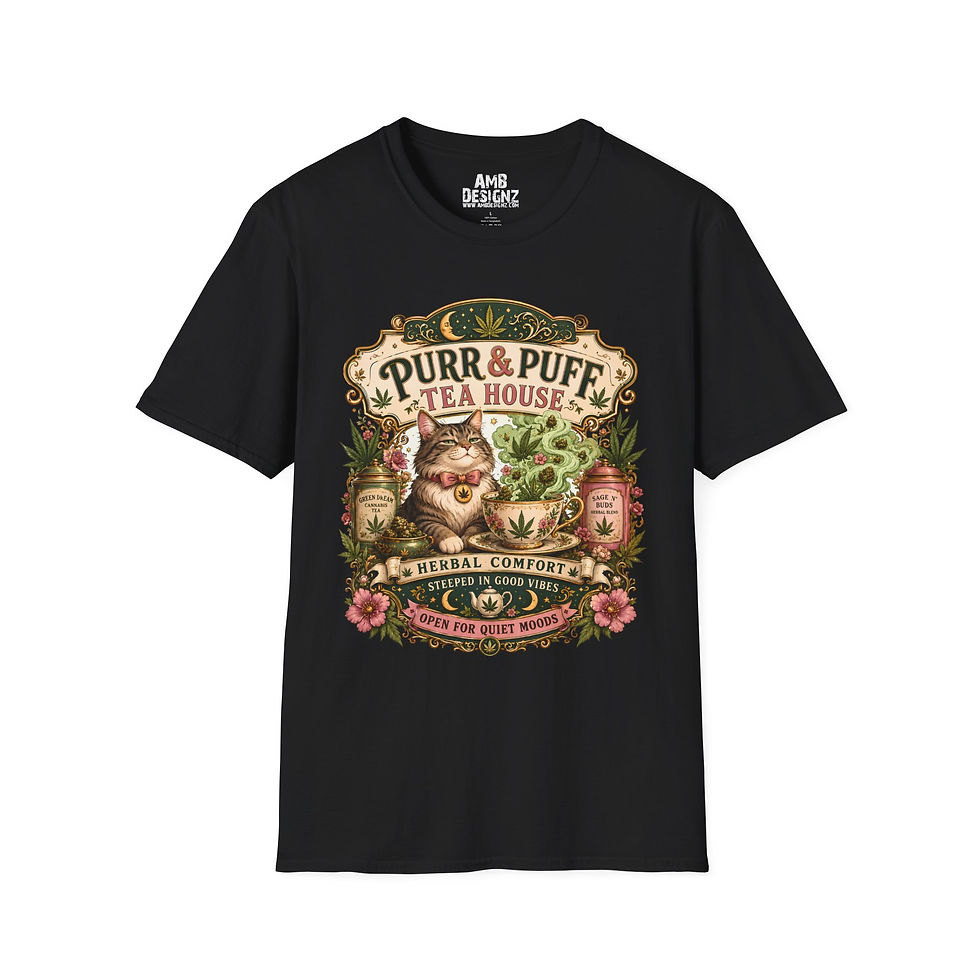 Thumbnail: Purr & Puff Tea House Funny Cannabis Cat Shirt, Weed Humor Cozy Tea Graphic Tee