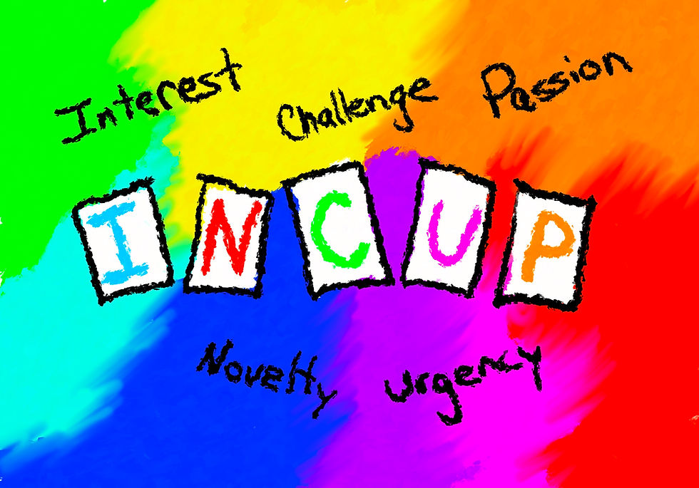 The letters INCUP in multiple colors with the words Interest, Challenge, Passion, Novely, and Urgency surrounding it over a rainbow colored background.