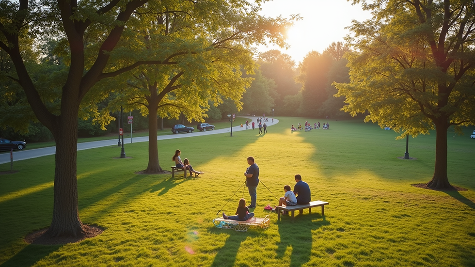 High angle view of a community park with families enjoying outdoor activities