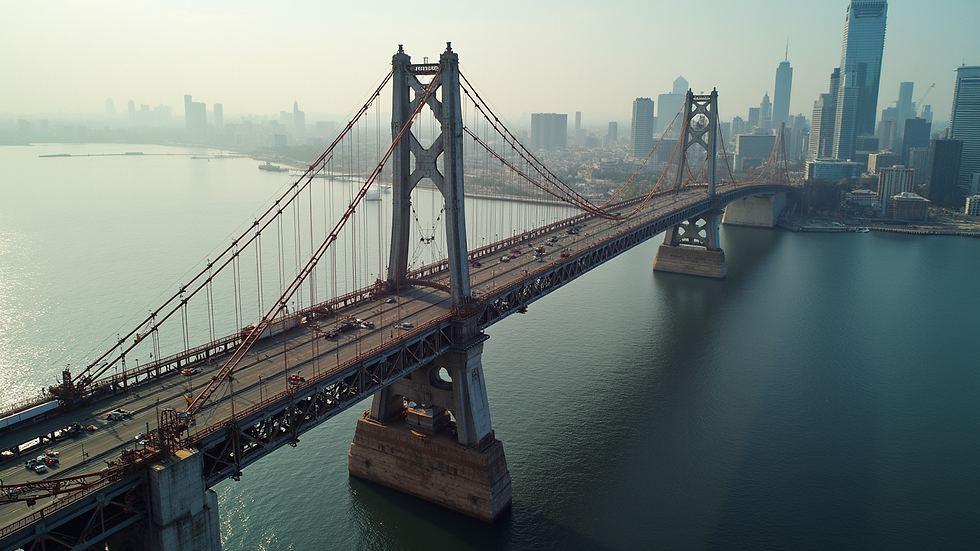 High angle view of a bridge under construction with custom structural elements
