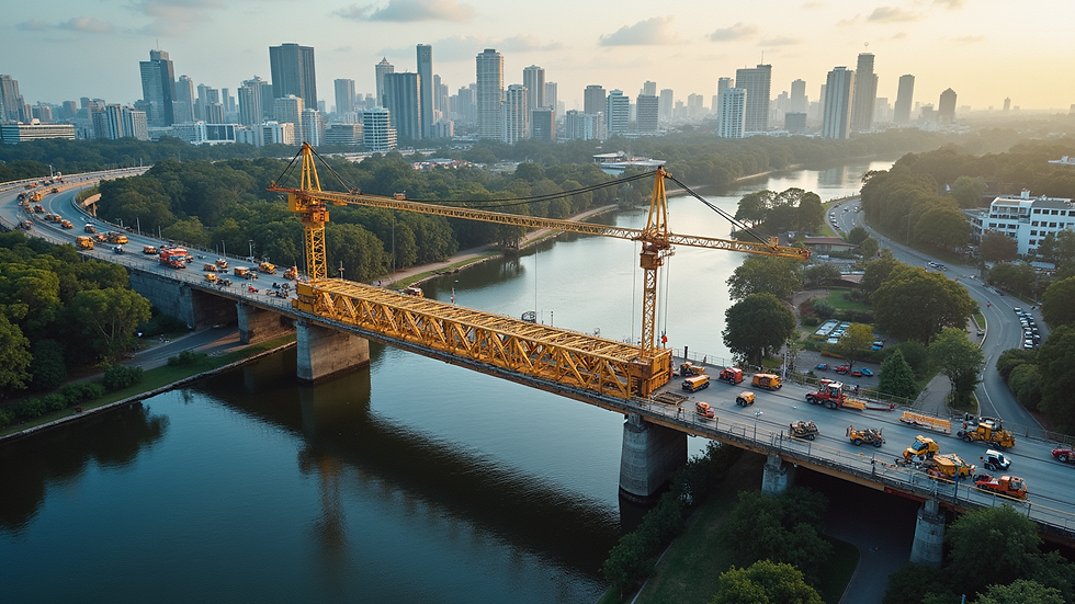 High angle view of a bridge construction site over a river in Brisbane