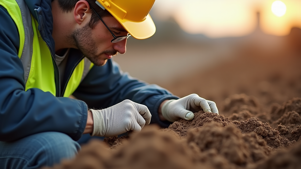 Close-up view of geotechnical engineer analysing soil samples on site