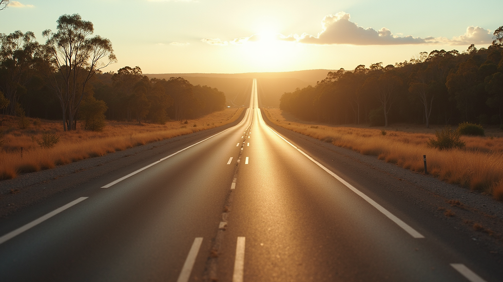 Eye-level view of a newly constructed highway stretching through Australian bushland