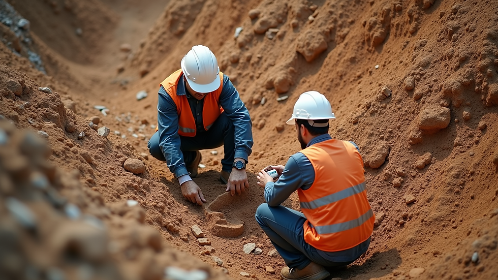 High angle view of engineers conducting soil sampling on a sloped construction site