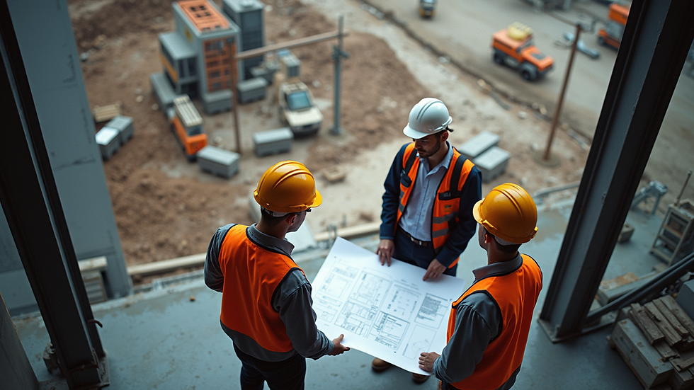High angle view of a construction site with engineers discussing plans