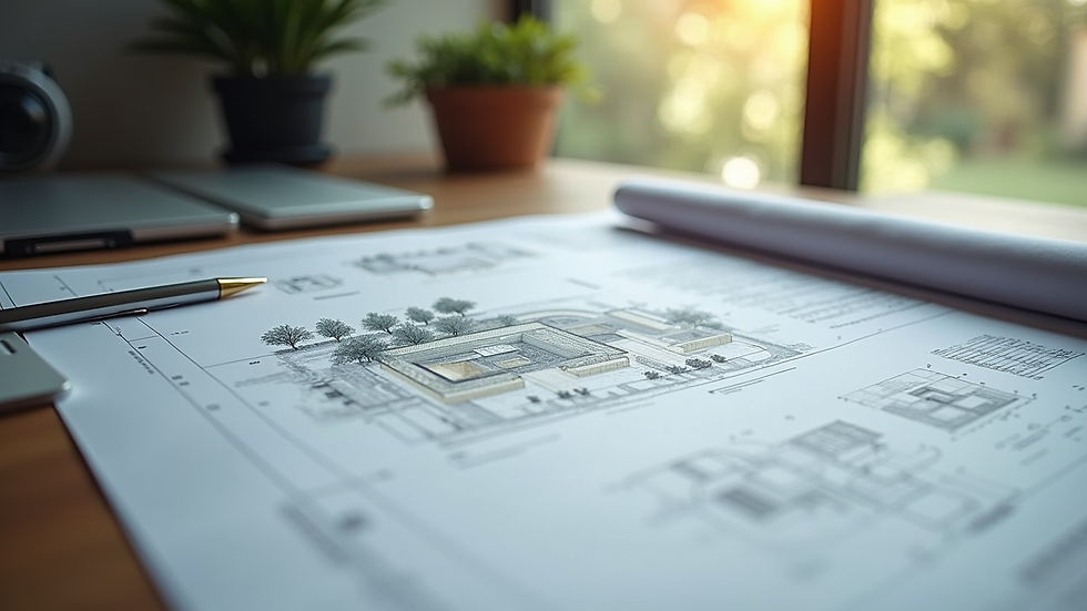 High angle view of sustainable building design plans on a desk