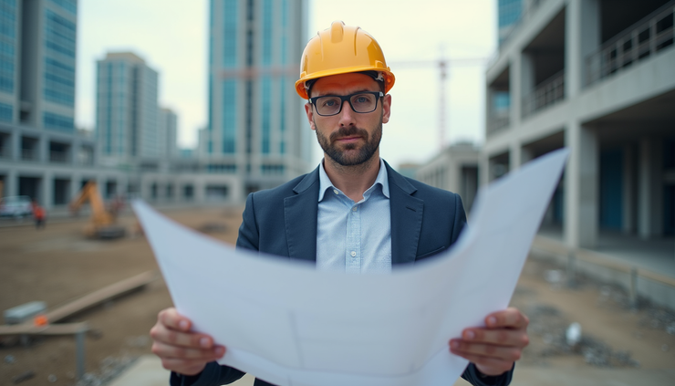 Eye-level view of a consulting engineer reviewing blueprints at a construction site