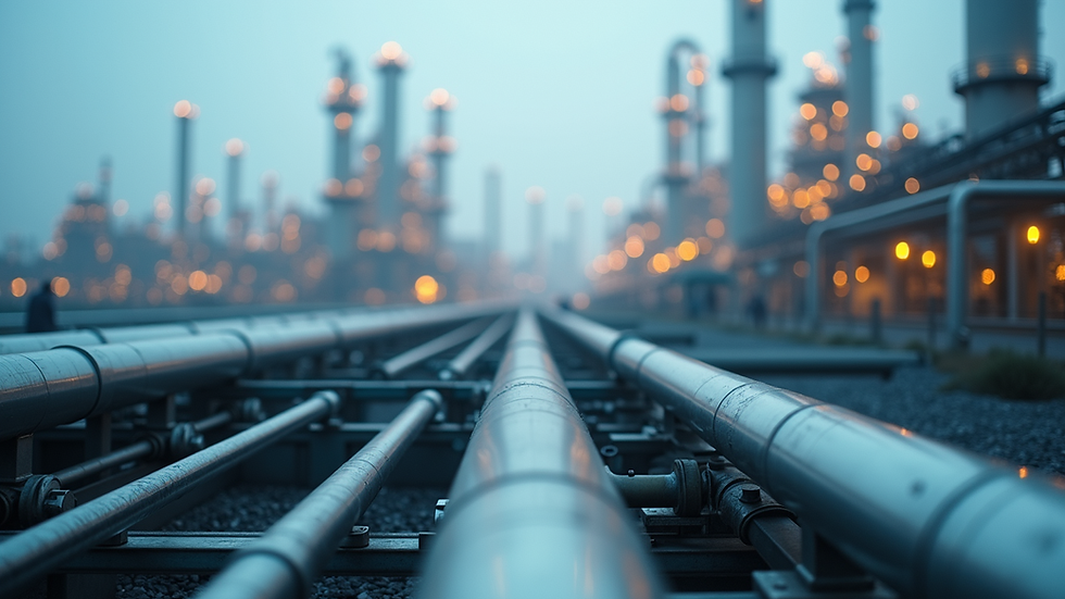Eye-level view of a chemical plant with pipelines and reactors