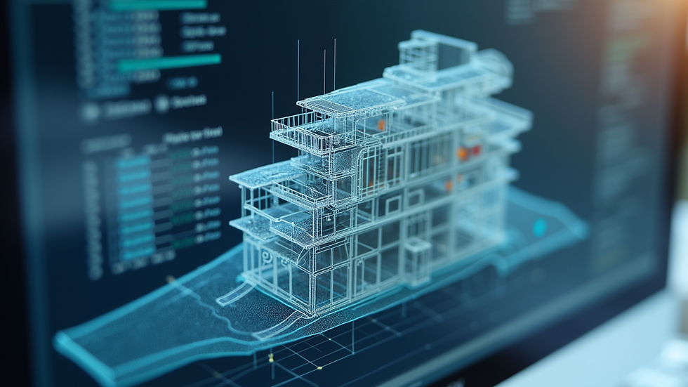 Close-up view of a 3D structural model on a computer screen used for design analysis